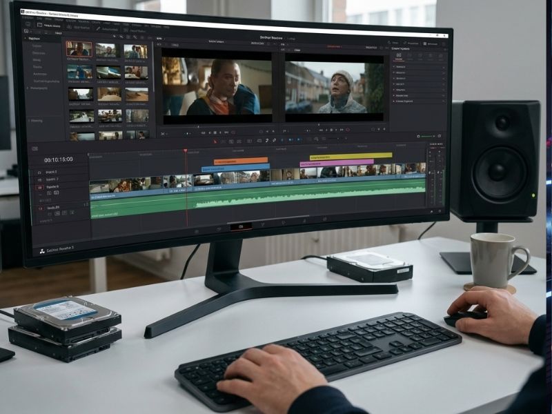 AI video editing software interface with multi-track timeline and preview windows on desktop monitor"