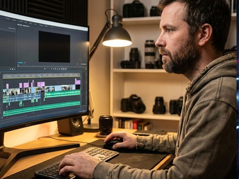 Man working on AI video editing project at workstation with camera gear and dual monitors"