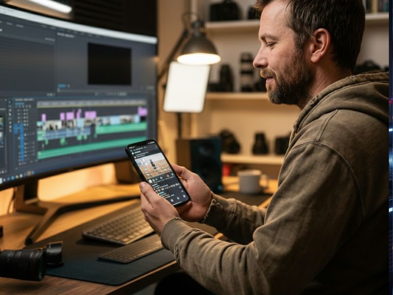 Alt Text:
"AI video editing workflow with smartphone and desktop setup for media review and file transfer"