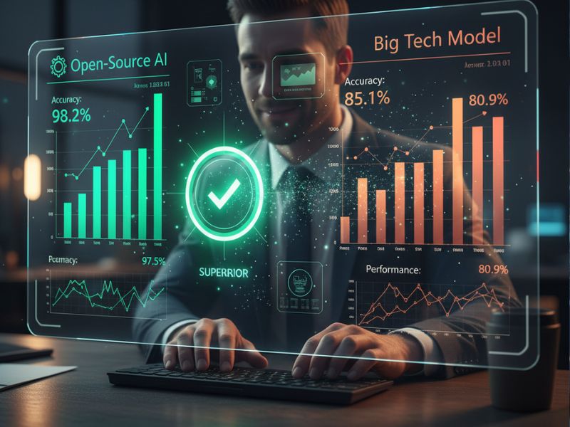 Side-by-side scenes of a professional using traditional and futuristic dashboards, highlighting the evolution of workplace tech. The transparent interface suggests how open-source AI tools are transforming strategy and customer analysis.