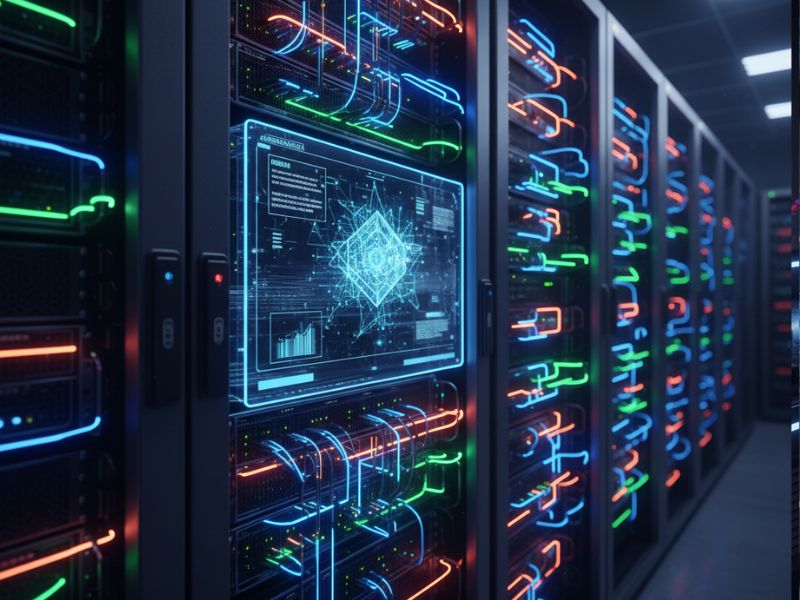 Close-up of advanced server racks with multicolored cables and a digital interface showing network activity—ideal for showcasing AI data solutions in cybersecurity and infrastructure monitoring.