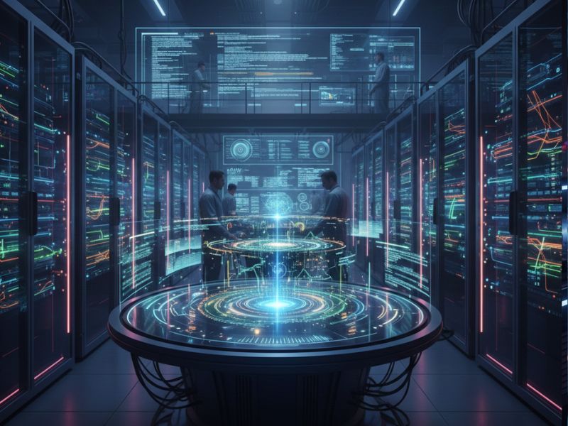 High-tech operations center featuring a circular holographic table and multiple screens displaying graphs and diagnostics—representing AI data solutions for real-time analytics and system control.