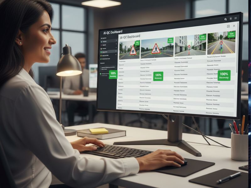 Person interacting with a digital spreadsheet interface displaying rows of data, images, and green “Approve” buttons—ideal for illustrating AI text labeling workflows in content moderation and dataset validation.