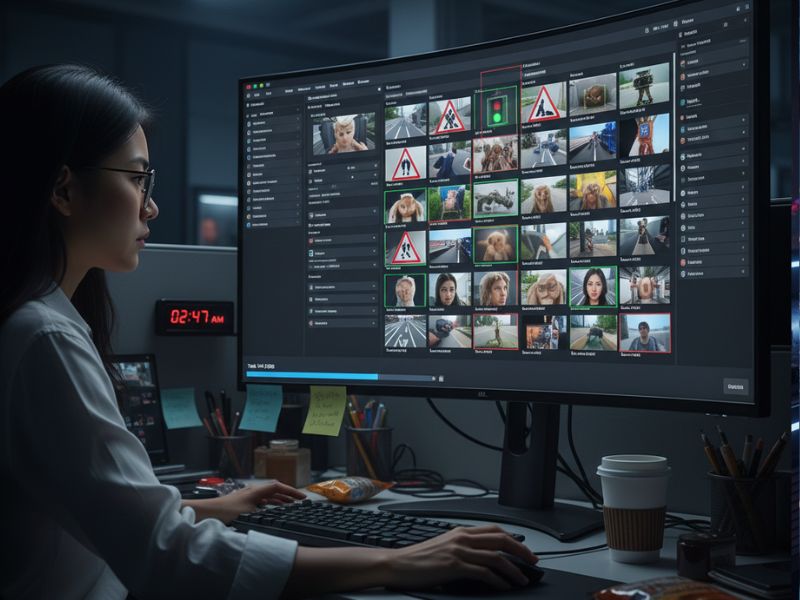 Professional workspace showing a dual-monitor setup with a grid of video thumbnails and a dark-themed interface—representing AI text labeling in surveillance footage analysis and metadata tagging.