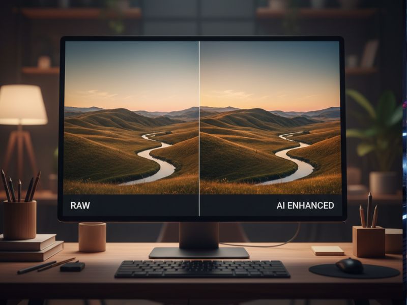 Computer monitor displaying a split-screen comparison of a landscape photo labeled “RAW” and “AI ENHANCED”—showcasing the power of AI photography tools in image enhancement and color correction.