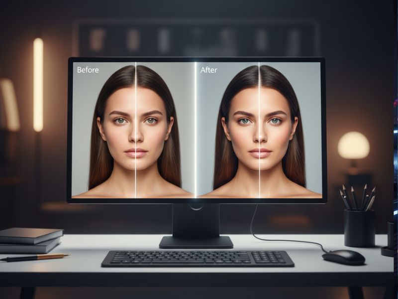 Monitor showing a side-by-side comparison of a woman’s face labeled “Before” and “After”—demonstrating AI photography tools used for facial retouching and portrait refinement.
