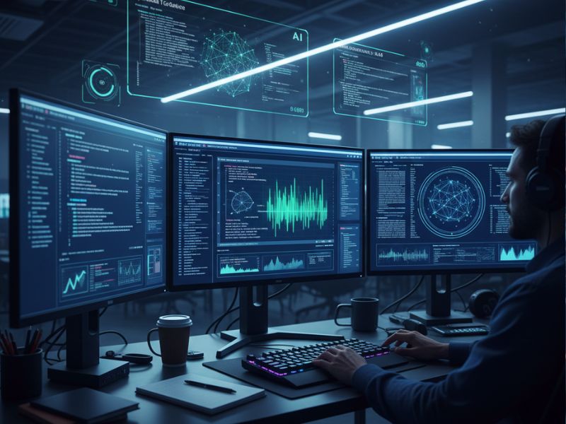 Split-screen of a holographic data wall and a high-tech interview setup. Captures how open-source AI tools support complex problem-solving, surveillance, and strategic decision-making in modern business environments.