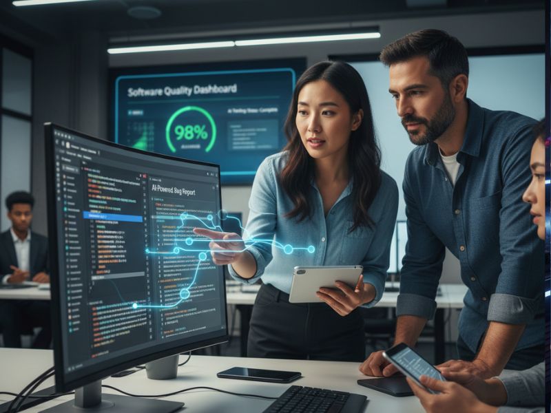Group of professionals analyzing a multi-monitor setup displaying a “Software Quality Dashboard” with a 99% progress indicator—ideal for showcasing AI testing tools used in collaborative code validation and performance monitoring.