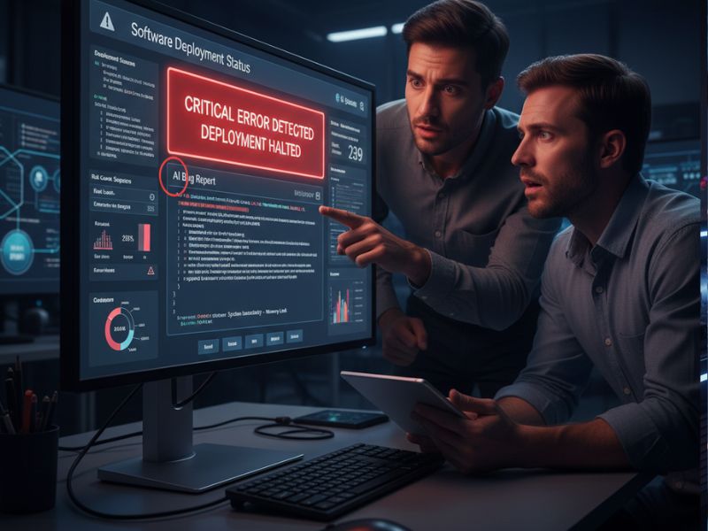 Two individuals pointing at a monitor showing a red warning message “CRITICAL COMPONENTS COMPROMISED”—illustrating AI testing tools in real-time threat detection and system integrity analysis.