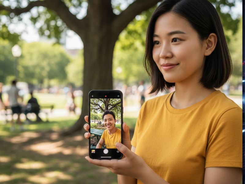 Person holding a smartphone outdoors during a video call, with trees in the background—illustrating AI photo editing in enhancing mobile video clarity and background optimization for natural lighting.