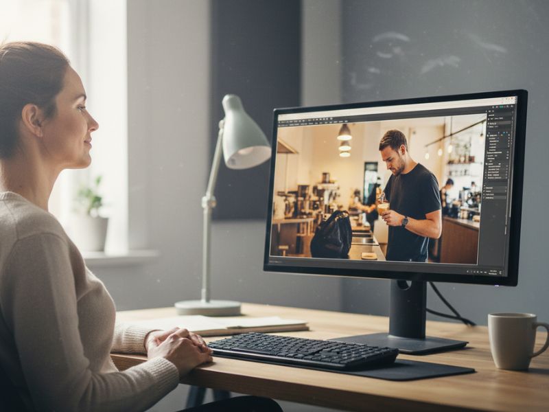 Individual seated at a desk engaged in a video call with a person in a café—showcasing AI photo editing tools used for facial refinement and ambient lighting adjustments in indoor settings.