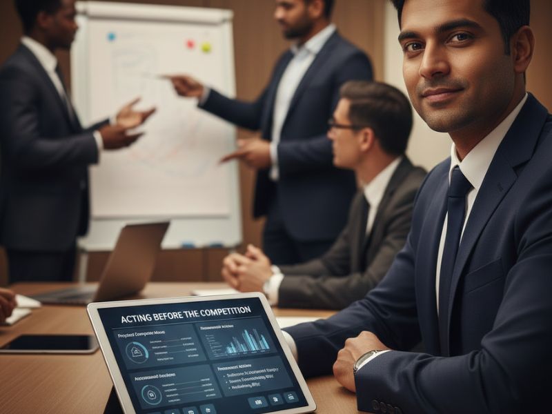 Business professionals reviewing a dashboard titled ‘Actionable Data for Executives,’ highlighting strategic insights in AI competitor analysis.”