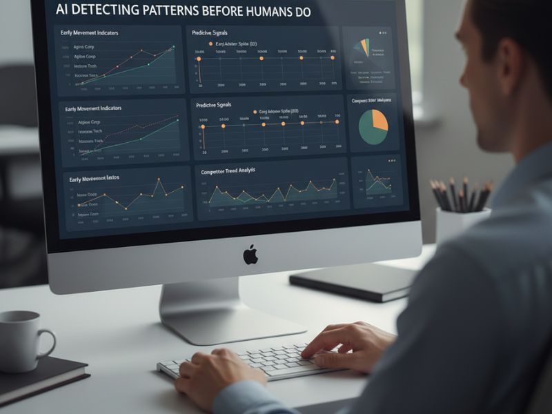“Desktop monitor displaying charts and graphs under the heading ‘Detecting Patterns Before Manifested,’ showcasing predictive tools in AI competitor analysis.”