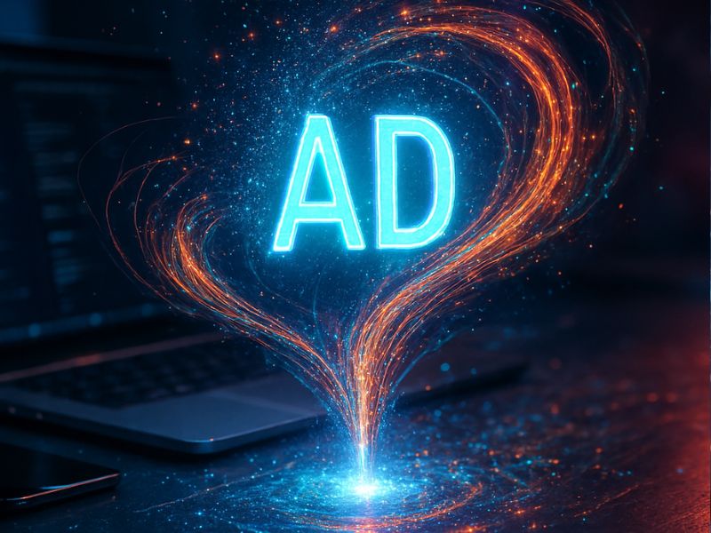 Surreal AI marketing visual of glowing “AD” letters floating above a laptop, surrounded by swirling digital particles, representing the birth of a high-converting ad powered by artificial intelligence.