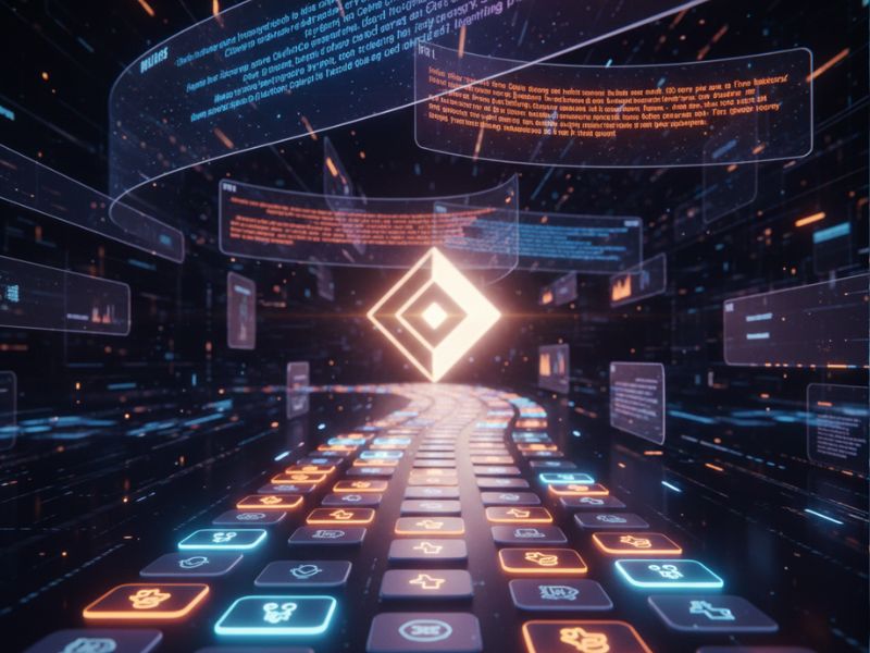 AI marketing environment featuring a glowing diamond-shaped icon, app pathways, and overhead data streams, illustrating digital interaction, analytics, and high-tech campaign management.