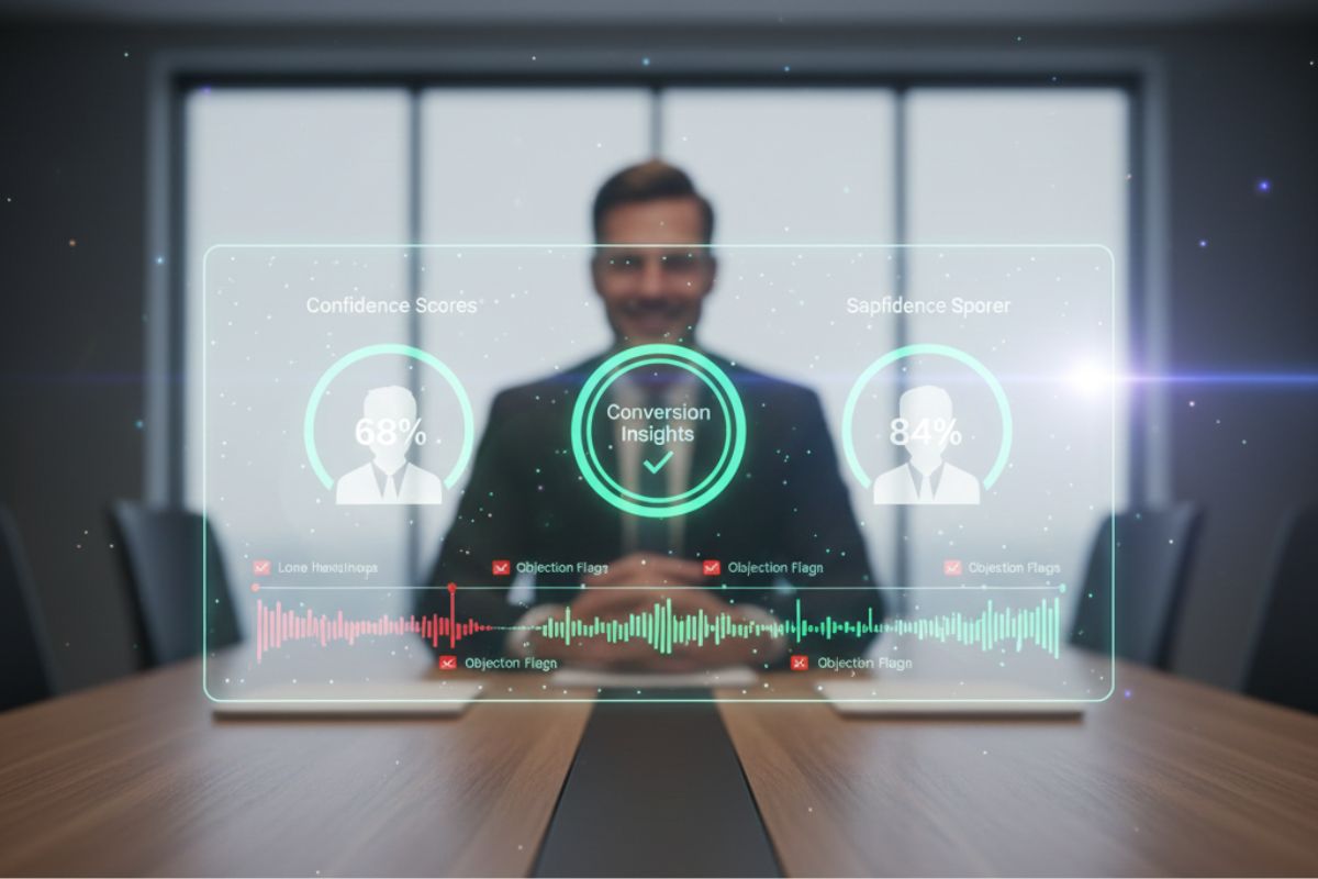 Split-screen showing a person interacting with a holographic data wall and a high-tech interview setup. Demonstrates how an AI sales assistant can support complex problem-solving and real-time decision-making in modern business environment