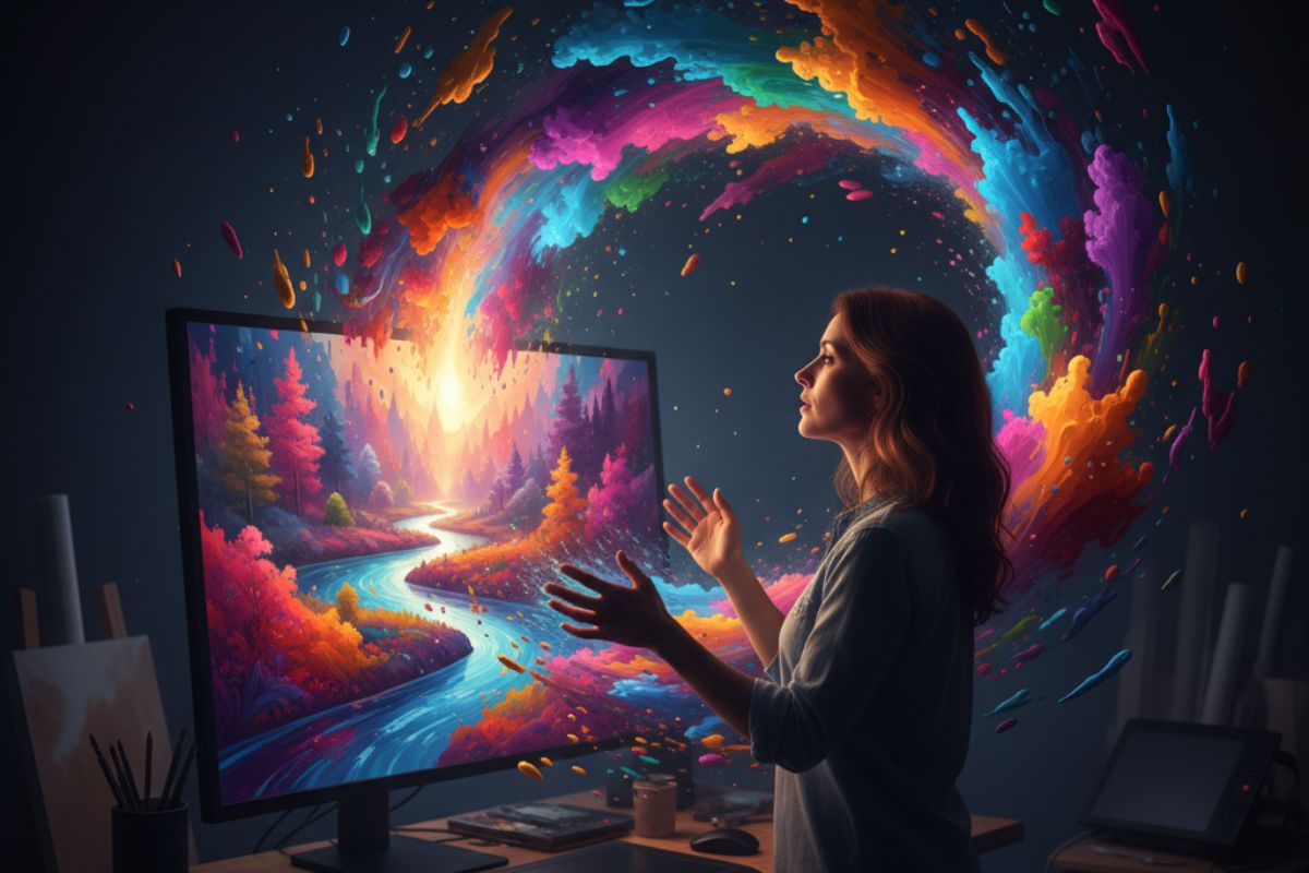 Designer gesturing toward a monitor with a vivid cosmic swirl, highlighting immersive creations from an AI art generator.