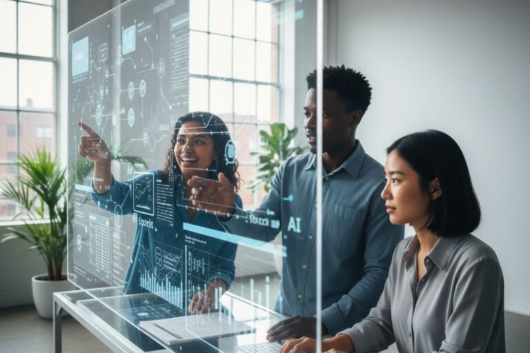 Team collaborating in front of transparent digital screen with charts and visualizations powered by Jina platform