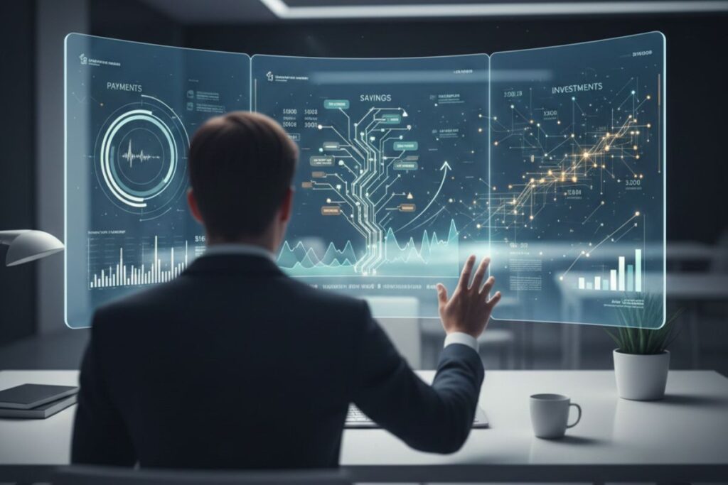 "AI for banks: financial analyst interacting with curved AI interface for real-time decision-making and risk analysis"