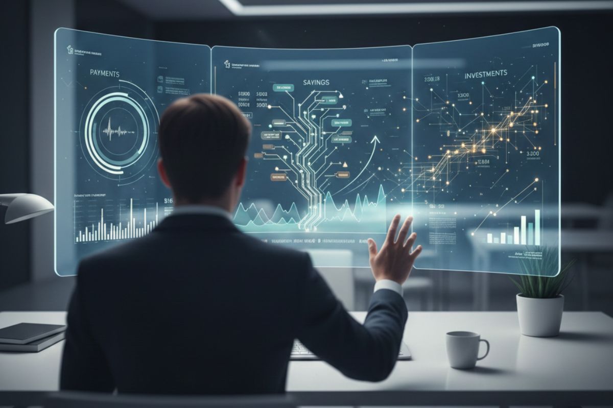 "AI for banks: financial analyst interacting with curved AI interface for real-time decision-making and risk analysis"