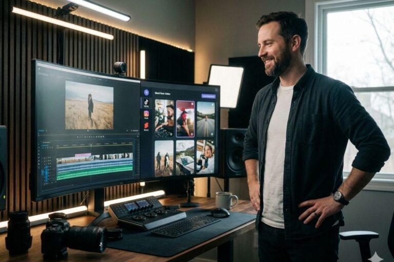 "Smiling video editor standing beside dual-monitor AI social engagement setup displaying timelines and clips"
