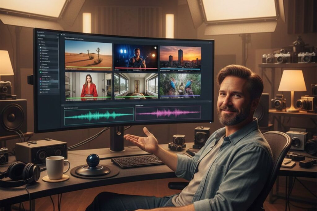 Professional video editor working at a multi-monitor setup with advanced editing software, clips, and timelines. Ideal reference for AI digital asset tool workflows in multimedia content creation and post-production environments