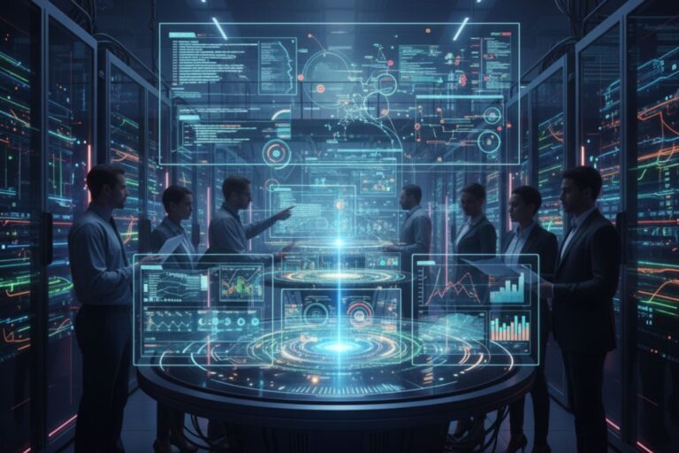Futuristic control room with individuals interacting around a holographic table and floating digital interfaces—illustrating collaborative AI data solutions for enterprise decision-making and visualization.