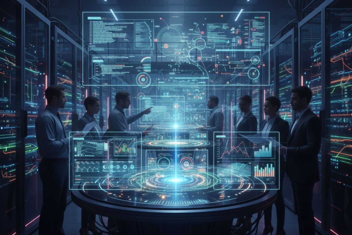 Futuristic control room with individuals interacting around a holographic table and floating digital interfaces—illustrating collaborative AI data solutions for enterprise decision-making and visualization.