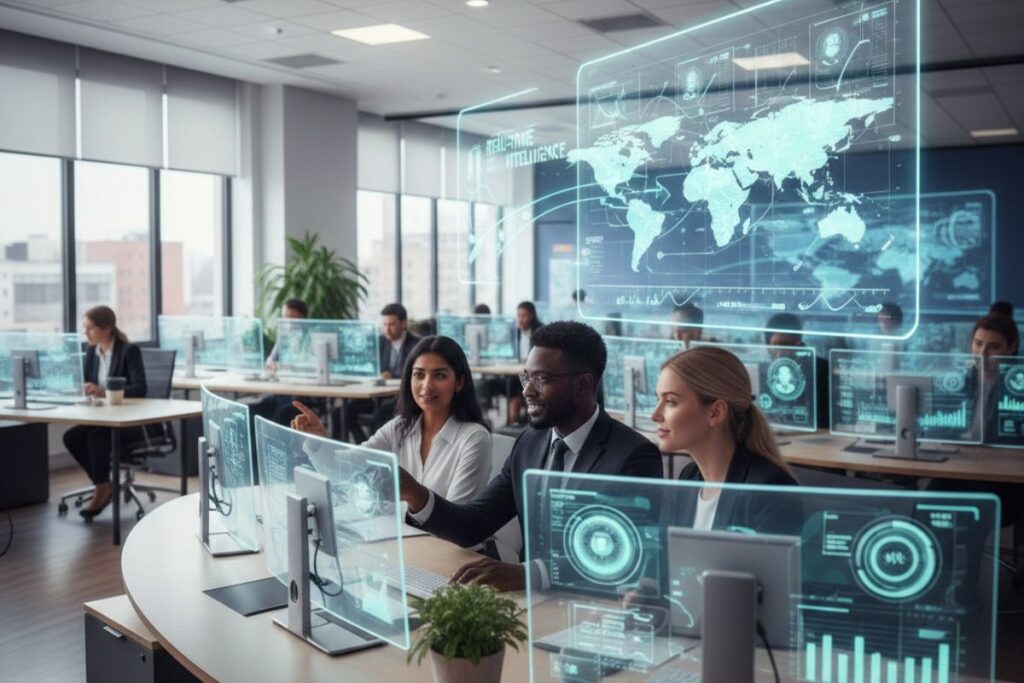 Futuristic workspace with professionals interacting around transparent digital dashboards displaying charts, analytics, and global data—ideal for illustrating AI sales prediction tools in collaborative business environments