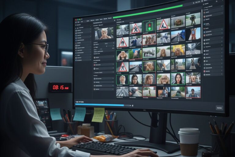 Modern desk environment with multiple transparent digital screens displaying global video feeds and analytics—perfect for showcasing AI text labeling applications in real-time video monitoring and content classification.