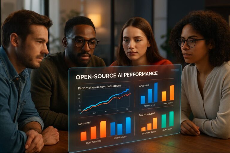 Diverse developers in a warm-lit studio review a holographic dashboard comparing open-source AI tools to Big Tech benchmarks. Charts show superior accuracy, training speed, and cost efficiency in a collaborative setting.