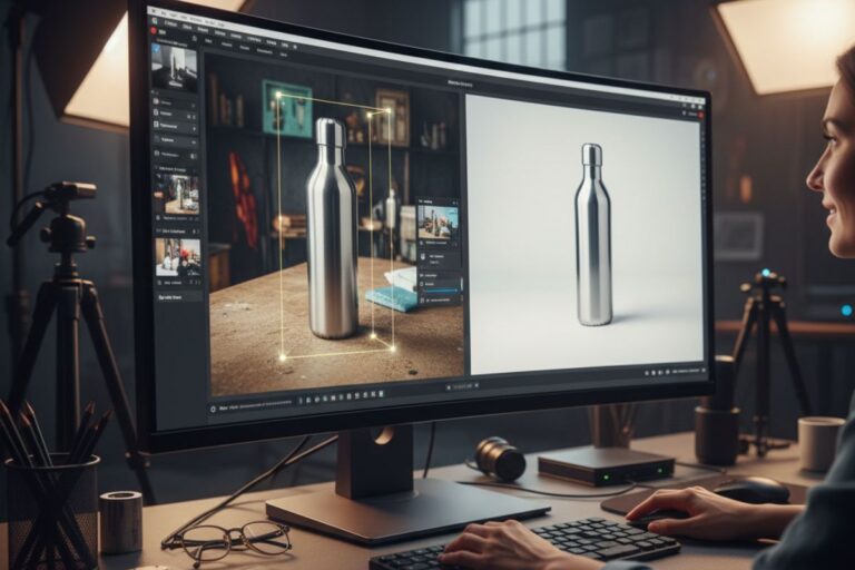Screen displaying a 3D rendering of a bottle with editing tools—highlighting AI photography tools in product visualization and digital design workflows.