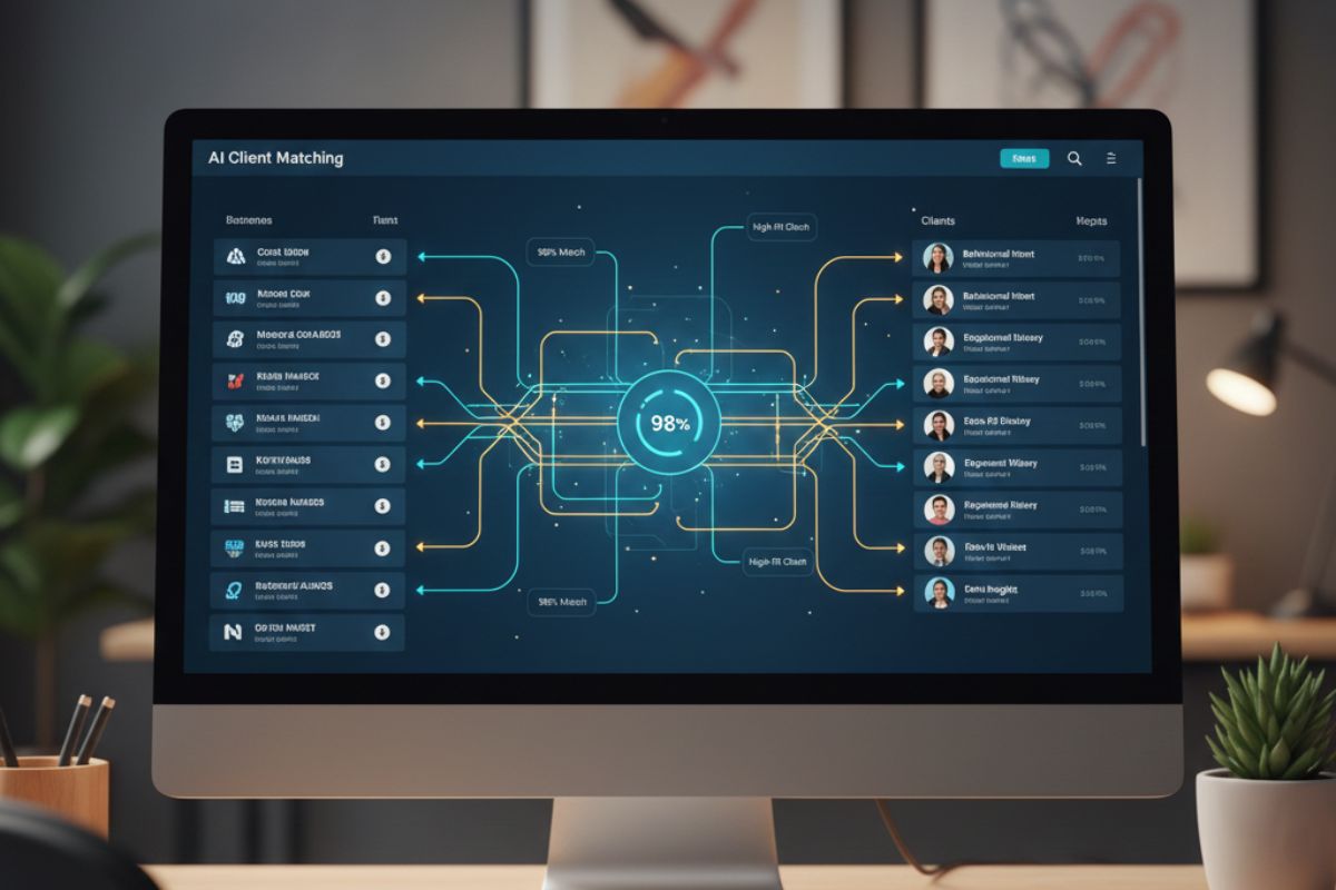 Monitor displaying a sleek flowchart interface with interconnected nodes and user icons—representing AI lead generation systems for mapping customer journeys and optimizing outreach strategies.