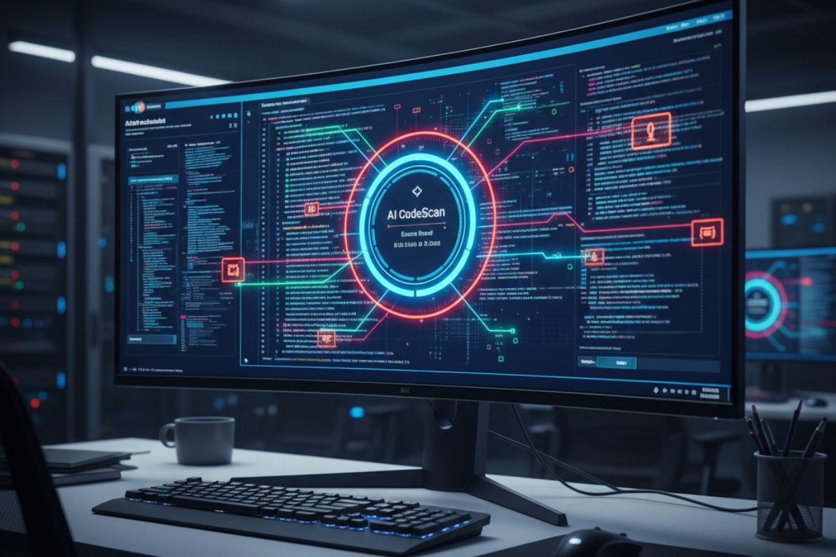 Close-up of a monitor displaying circular data visualizations and code with a central “SECURITY BREACH” alert—representing AI testing tools in active vulnerability scanning and breach diagnostics.