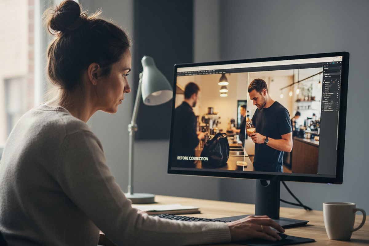 Person on a desktop video call in a modern workspace with a well-lit background—representing AI photo editing applications in real-time video enhancement and background smoothing for professional communication.