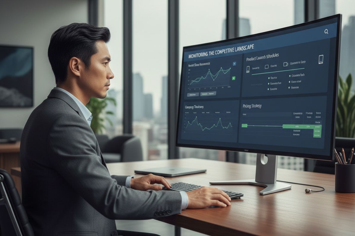 “Professional analyzing performance metrics on a computer screen, illustrating solo research in AI competitor analysis.