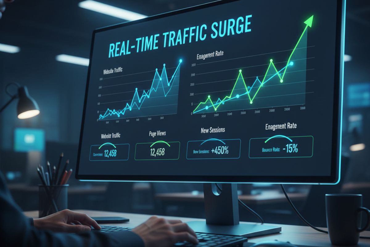 Screen showing a rising graph labeled ‘Real-Time Traffic Surge,’ visualizing analytics capabilities of AI SEO tools