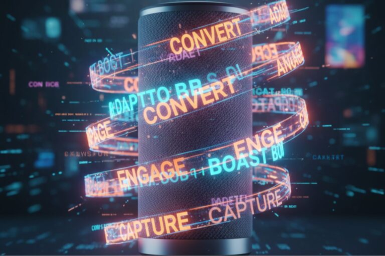 AI marketing funnel visualized as a glowing cylinder wrapped in text ribbons like “CONVERT,” “ENGAGE,” and “BOOST,” representing customer journey stages in a digital campaign.