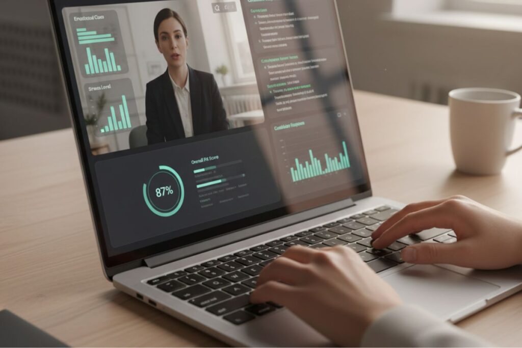 Remote interview session with AI recruitment tool showing performance score and live metrics on laptop