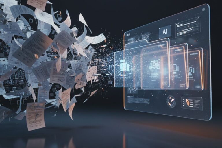 Digital documents being streamlined through a transparent interface labeled “AI,” illustrating real-time transformation and organization within a secure AI Signature Platform.