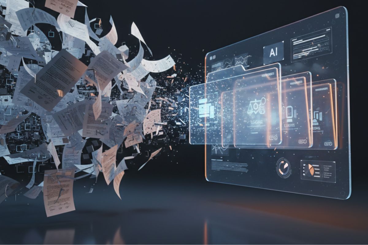 Digital documents being streamlined through a transparent interface labeled “AI,” illustrating real-time transformation and organization within a secure AI Signature Platform.