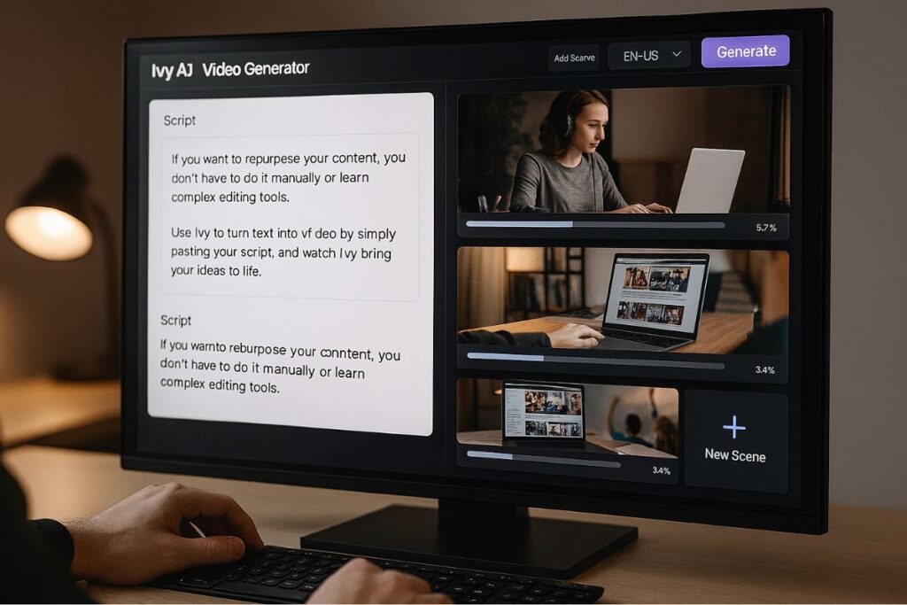 User interface of an AI video creation platform showing script-to-video transformation with thumbnails, progress bars, and narration tools.