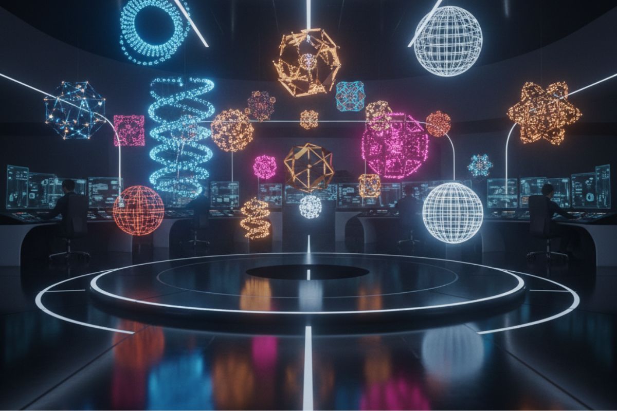 Surreal digital environment with floating cubes, spheres, and icons on a circular platform—depicting a virtual interface for interacting with a machine learning repository.