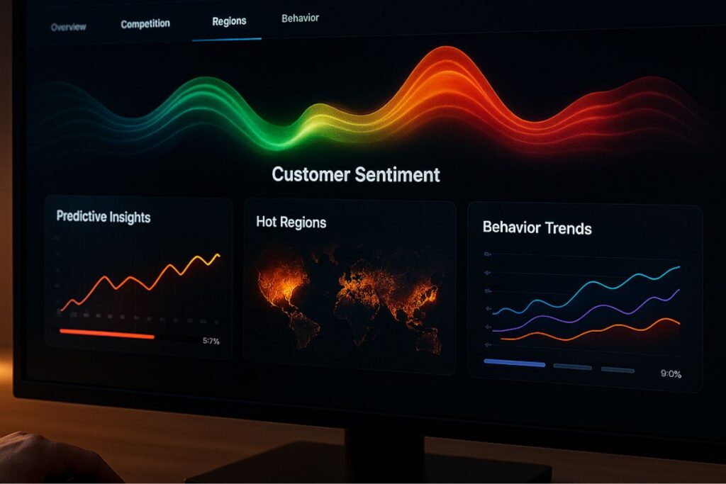 Monitor displaying colorful waveforms and graphs labeled “Customer Sentiment,” “Hot Regions,” and “Behavior Trends,” visualizing AI business insights in action.