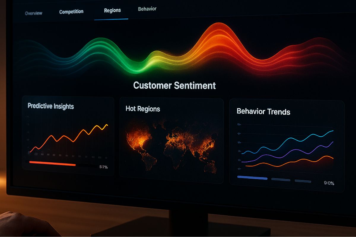 Monitor displaying colorful waveforms and graphs labeled “Customer Sentiment,” “Hot Regions,” and “Behavior Trends,” visualizing AI business insights in action.