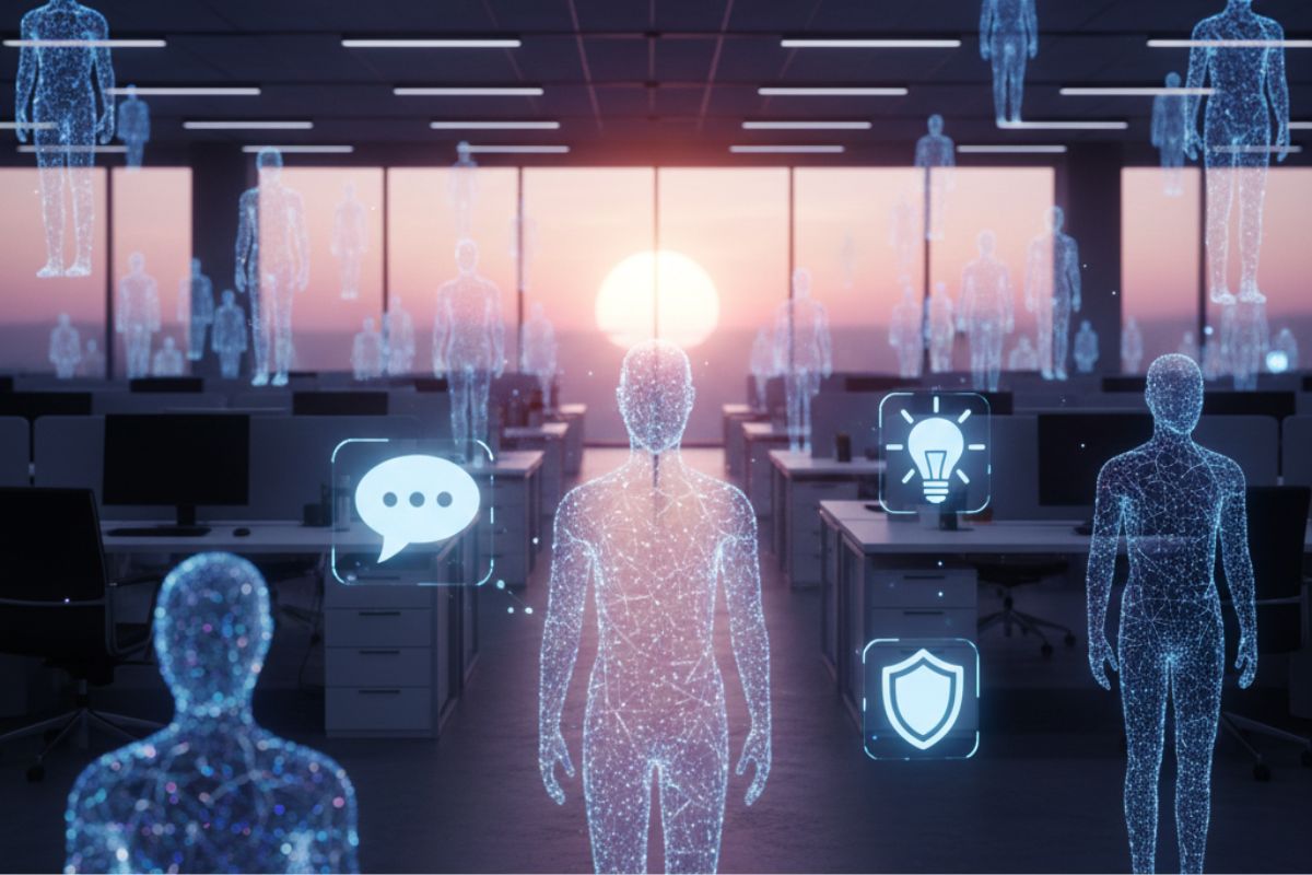 Modern office setting with translucent humanoid figures and digital icons, illustrating AI customer service in workplace communication and cybersecurity.