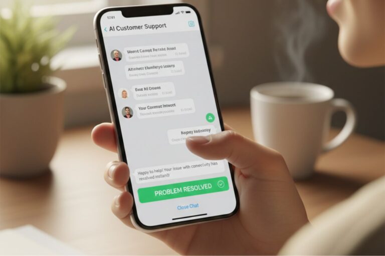 Smartphone displaying a customer support chat with options like “Chat with a human,” illustrating mobile-first AI for customer care and live agent escalation.