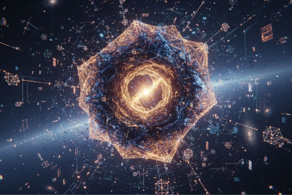 Alt Text: Luminous AI core pulling structured data streams from chaotic raw information fragments, symbolizing fully autonomous and seamless data extraction. Visually striking image for an Impira AI review.