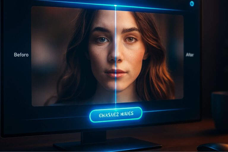 Close-up of a woman’s face on a screen with a vertical before/after split, emphasizing photo restoration and resolution enhancement using AI tools.