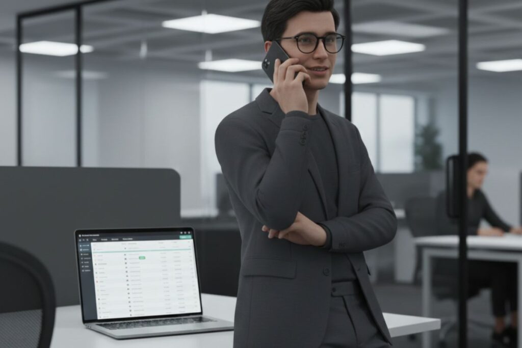 Man in a suit on a phone call beside a laptop displaying sales spreadsheets, symbolizing real-time decision-making supported by Infer AI lead gen.